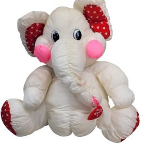 White Nylon Elephant Plush Valentines I Love You Heart Red Polka Dot Feet Vtg
